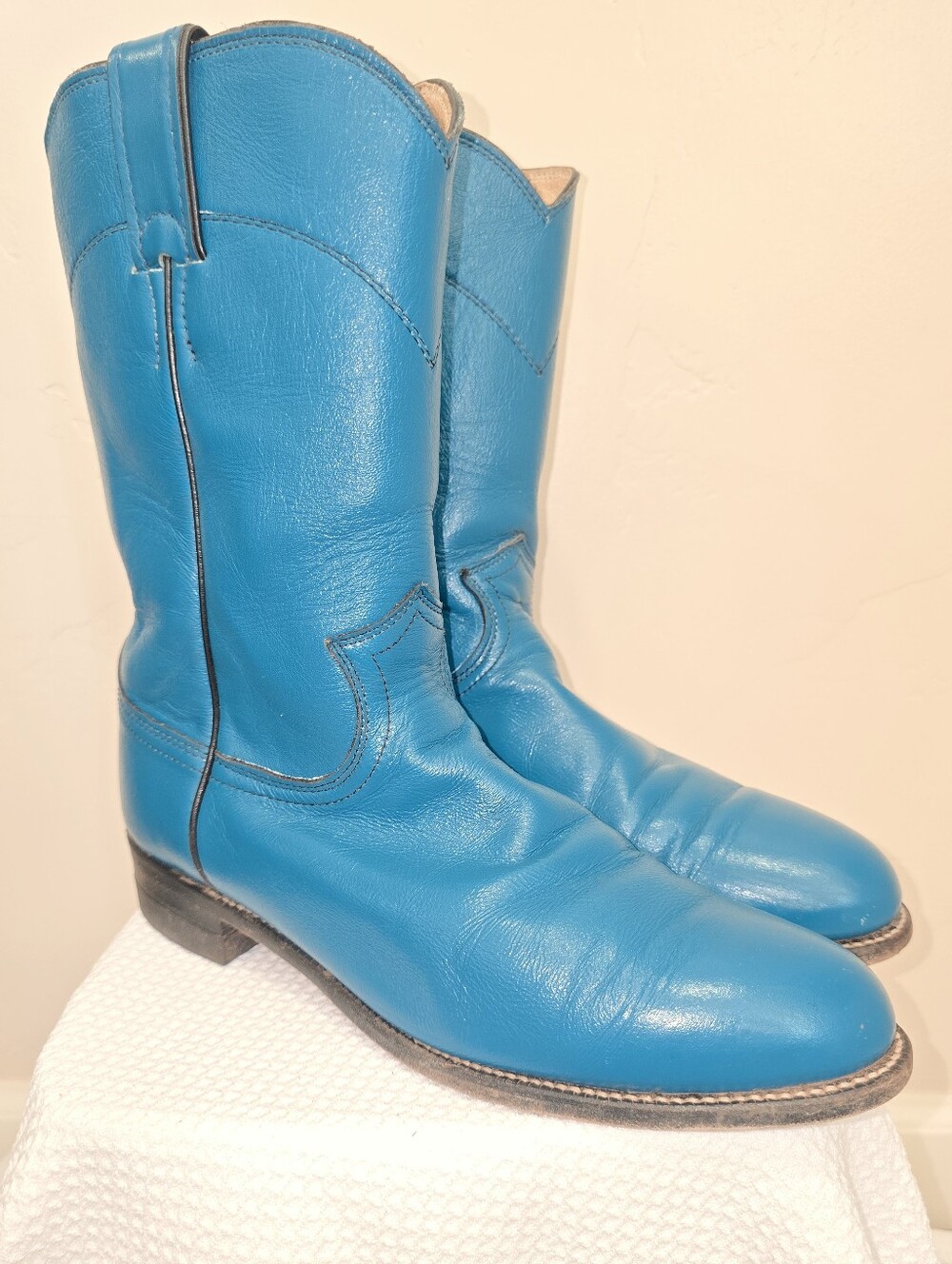 JUSTIN Womens Cowboy Boots Turquoise Leather Western Riding Ropers Size 8 B Vtg - Picture 3 of 10